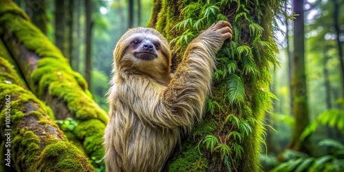 A slow-moving, furry, arboreal mammal with curved claws and a shaggy coat ascends a moss-covered tree trunk in a lush, vibrant rainforest environment. photo