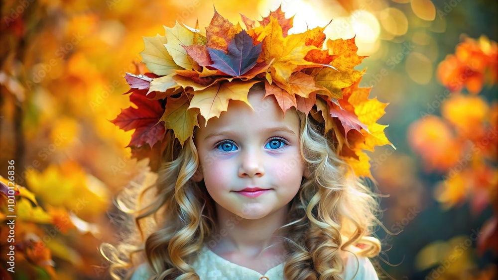 Vibrant young princess with curly blonde hair and bright blue eyes beams with happiness, adorned with a delicate autumn maple leaf crown, surrounded by soft fall colors. Vibrant young princess with curly blonde hair and bright blue eyes beams with happiness, adorned with a delicate autumn maple leaf crown, surrounded by soft fall colors.