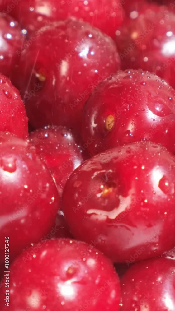 Vertical close-up video of a red cherry with drops of water falling on it. Vertical close-up video of a red cherry with drops of water falling on it.