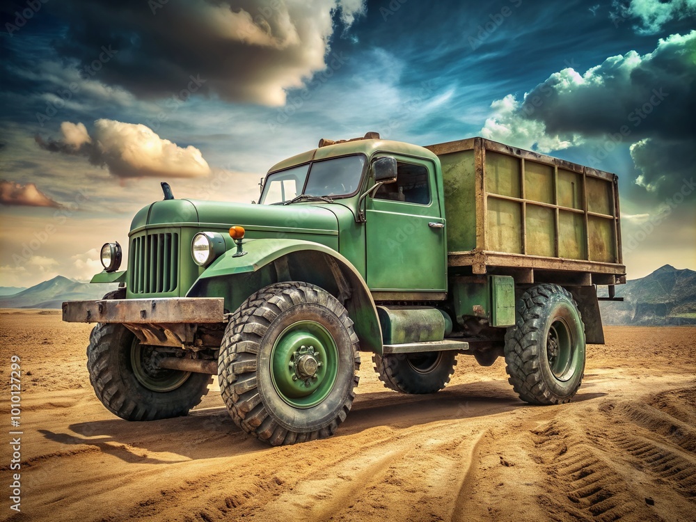 Obraz premium Rugged green military truck stands isolated on a dusty terrain, its weathered exterior and worn tires telling stories of battles fought and miles traveled.