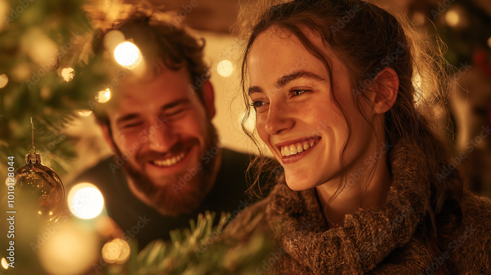 Couple Decorating Their First Christmas Tree Together Couple Decorating Their First Christmas Tree Together