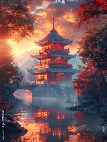 AChinese temple illuminated by golden sunlight 