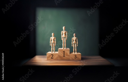 Three wooden figures stand on a podium, representing first, second, and third place. photo