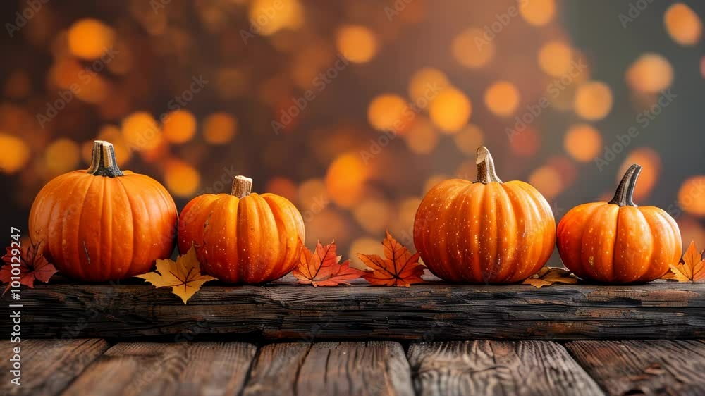 Four pumpkins on a wooden surface with autumn leaves and a bokeh background, creating a warm, rustic fall scene. Four pumpkins on a wooden surface with autumn leaves and a bokeh background, creating a warm, rustic fall scene.