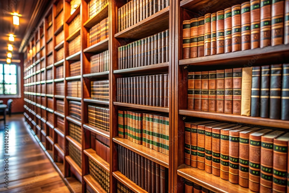 Neatly organized rows of leather-bound law books and legal references line the shelves in a quiet, well-lit law firm library, conveying professionalism and authority. Neatly organized rows of leather-bound law books and legal references line the shelves in a quiet, well-lit law firm library, conveying professionalism and authority.