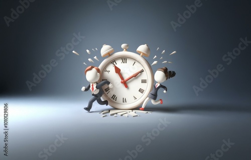 A broken alarm clock sits in the middle of a gray floor.  Two business people, a man and a woman, are running away from the clock. photo