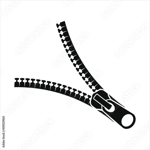 Black and white minimalist zipper icon, perfect for fashion, clothing, apparel, textile, and accessories design. Ideal for garment industry, tailoring, and industrial design projects