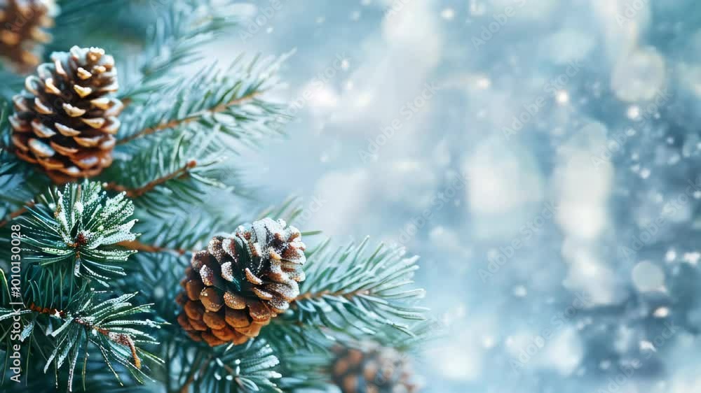 Close-up of pine cones with frost on spruce branches during a snowy winter day. Close-up of pine cones with frost on spruce branches during a snowy winter day.