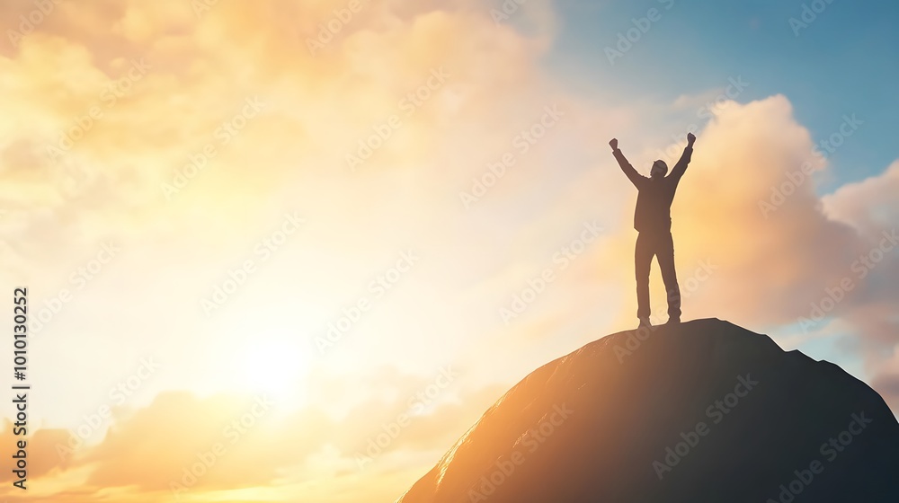 Silhouette of a man standing on a hilltop with arms raised, celebrating success against a golden sunset. Silhouette of a man standing on a hilltop with arms raised, celebrating success against a golden sunset.