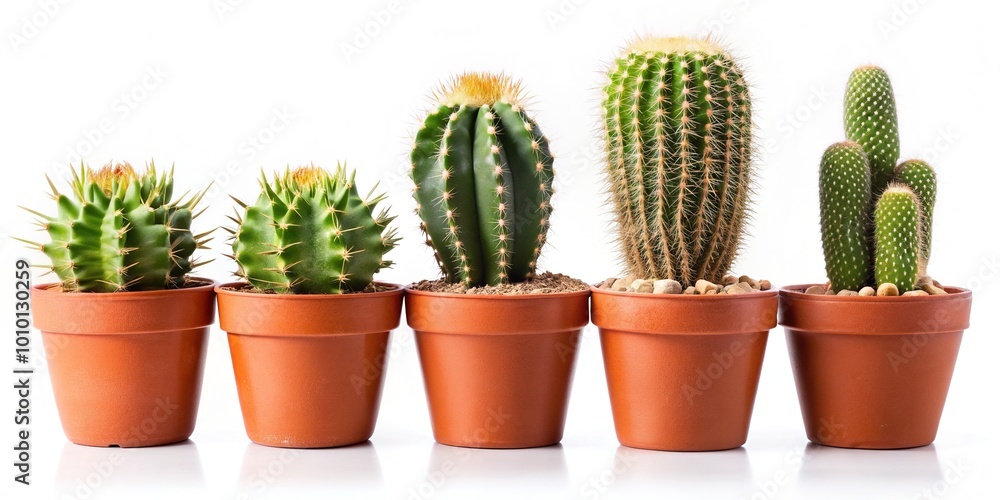 Assortment of small ric rac cacti in terracotta pots, isolated on a white or transparent background, perfect for e-commerce, gardening, and home decor designs. Assortment of small ric rac cacti in terracotta pots, isolated on a white or transparent background, perfect for e-commerce, gardening, and home decor designs.