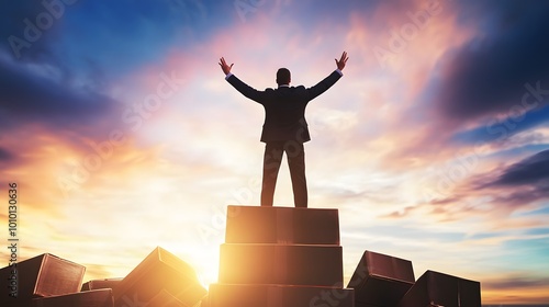 Man in suit standing on stacked boxes with arms raised in celebration.