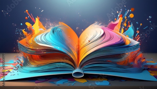 A vibrant, open book bursts with colorful paint and dynamic splashes, symbolizing creativity, imagination, and the magic of reading.