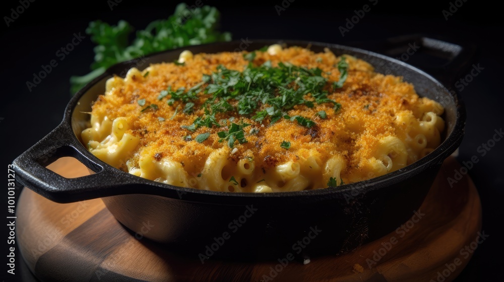 Close-up of Creamy Macaroni and Cheese with Breadcrumbs and Parsley in a Cast Iron Skillet Close-up of Creamy Macaroni and Cheese with Breadcrumbs and Parsley in a Cast Iron Skillet
