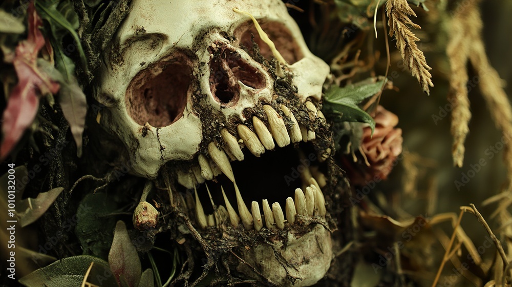 Fototapeta premium Deathly Embrace: A Skull Overgrown with Nature