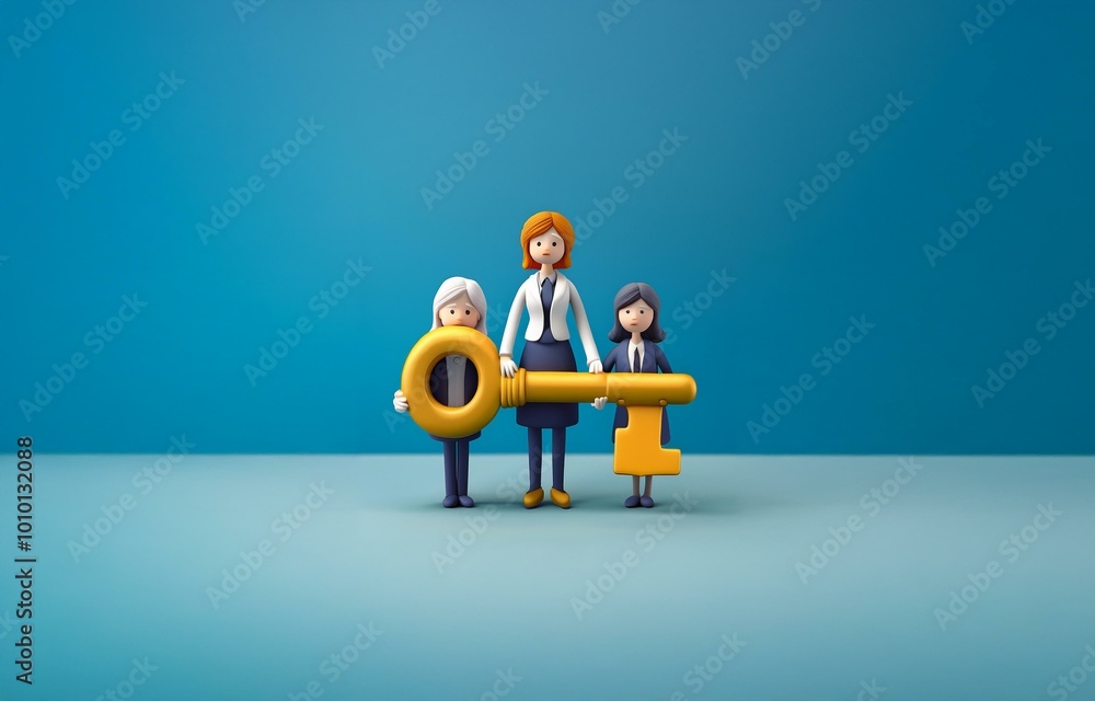 Three cartoon figures stand against a blue background, holding a large golden key. Three cartoon figures stand against a blue background, holding a large golden key.