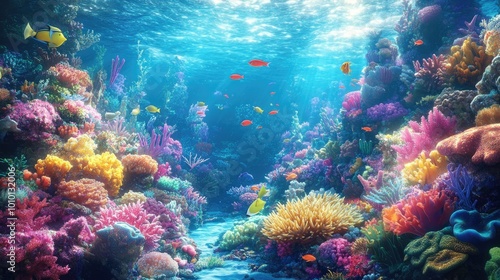 Vibrant Coral Reef with Colorful Fish Underwater Scene