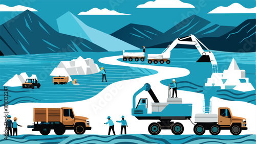 Illustration of a mining operation with excavators digging into trucks.