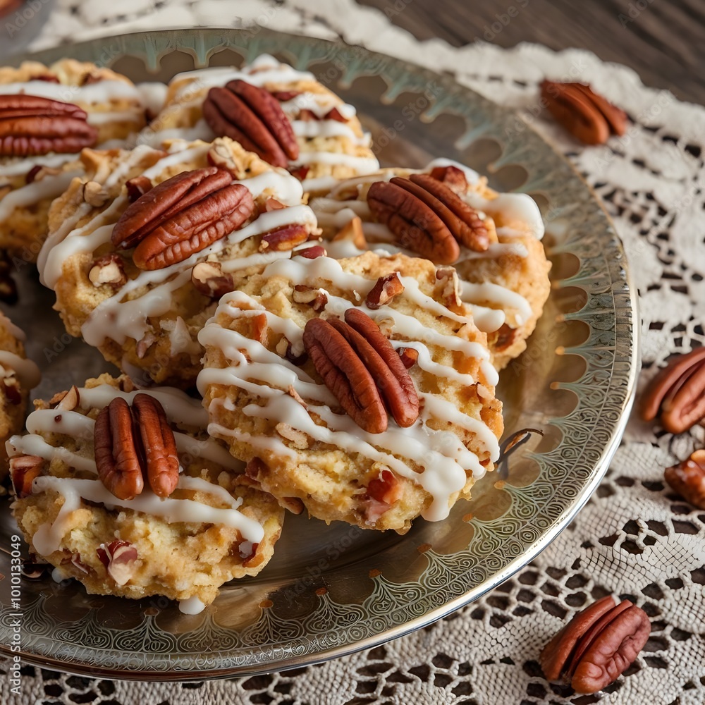 A photo of a close-up shot of Southern tea cake cookies arranged on a decorative vintage plate. A photo of a close-up shot of Southern tea cake cookies arranged on a decorative vintage plate.