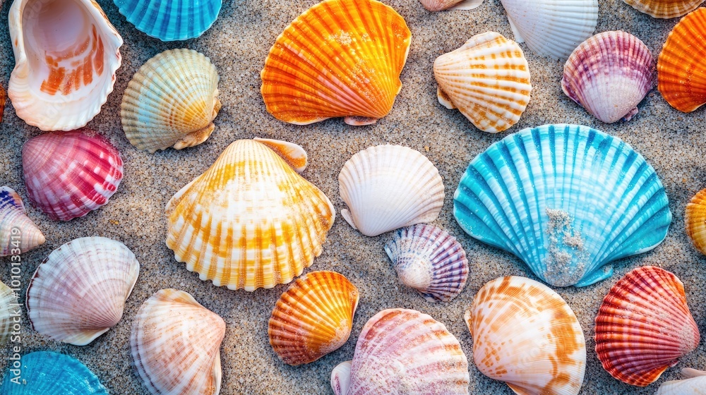 Colorful Seashells on Sandy Beach Background Colorful Seashells on Sandy Beach Background