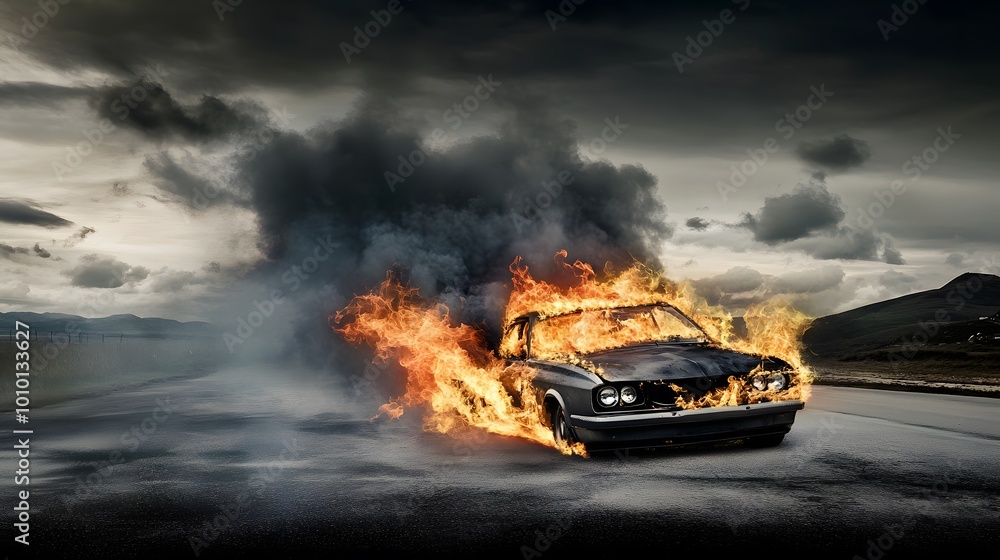 Obraz premium A car engulfed in flames on a desolate road.