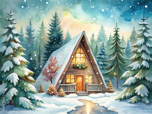 Whimsical watercolor illustration of a snow-covered A-frame Nordic house surrounded by evergreen trees, sparkling snowflakes, and a warm inviting ambiance, evoking cozy winter wonderland feels. photo