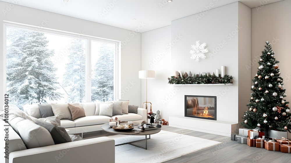 A 3D-rendered modern living room with minimalist Christmas decor, showcasing an elegant holiday setup with clean lines and understated festive elements A 3D-rendered modern living room with minimalist Christmas decor, showcasing an elegant holiday setup with clean lines and understated festive elements