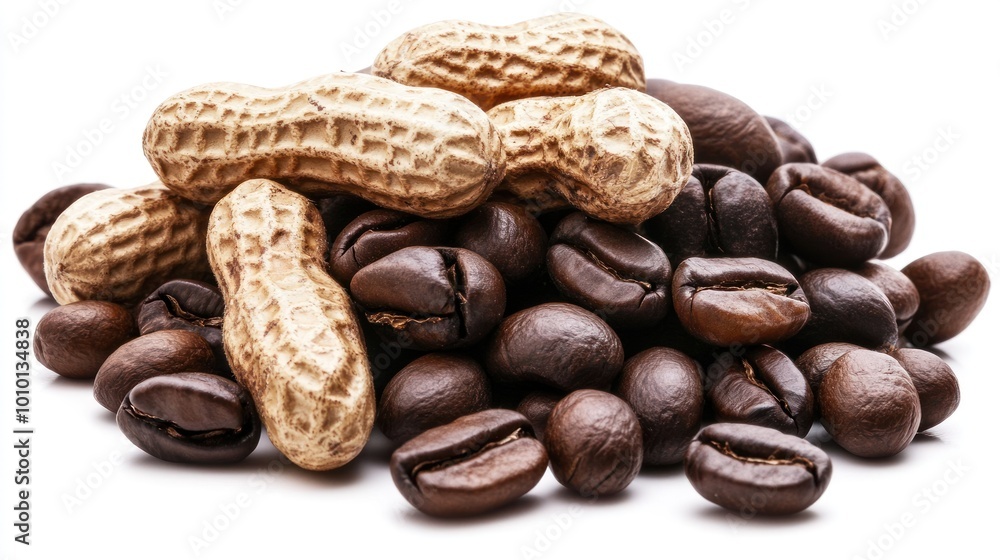 Naklejka premium A pile of peanuts and coffee beans, showcasing a mix of snacks and beverages.