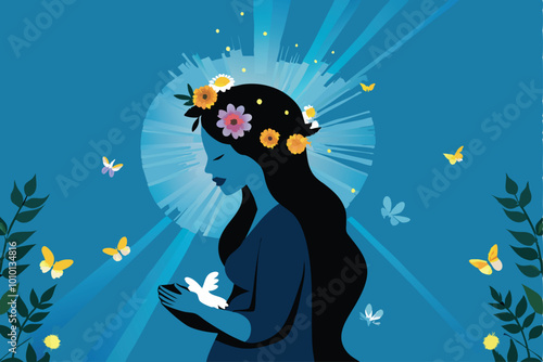 A mother wearing a flower crown, surrounded by butterflies and sunlight.