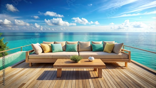 Inviting wooden sofa adorned with plush pillows on the sun-kissed terrace of a sleek modern villa  overlooking breathtaking turquoise waters and a distant horizon.