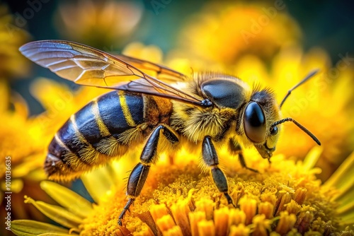 Vibrant yellow and black bee with intricate details and delicate wings spreads pollen, symbolizing nature's beauty and importance of pollination in a transparent setting.