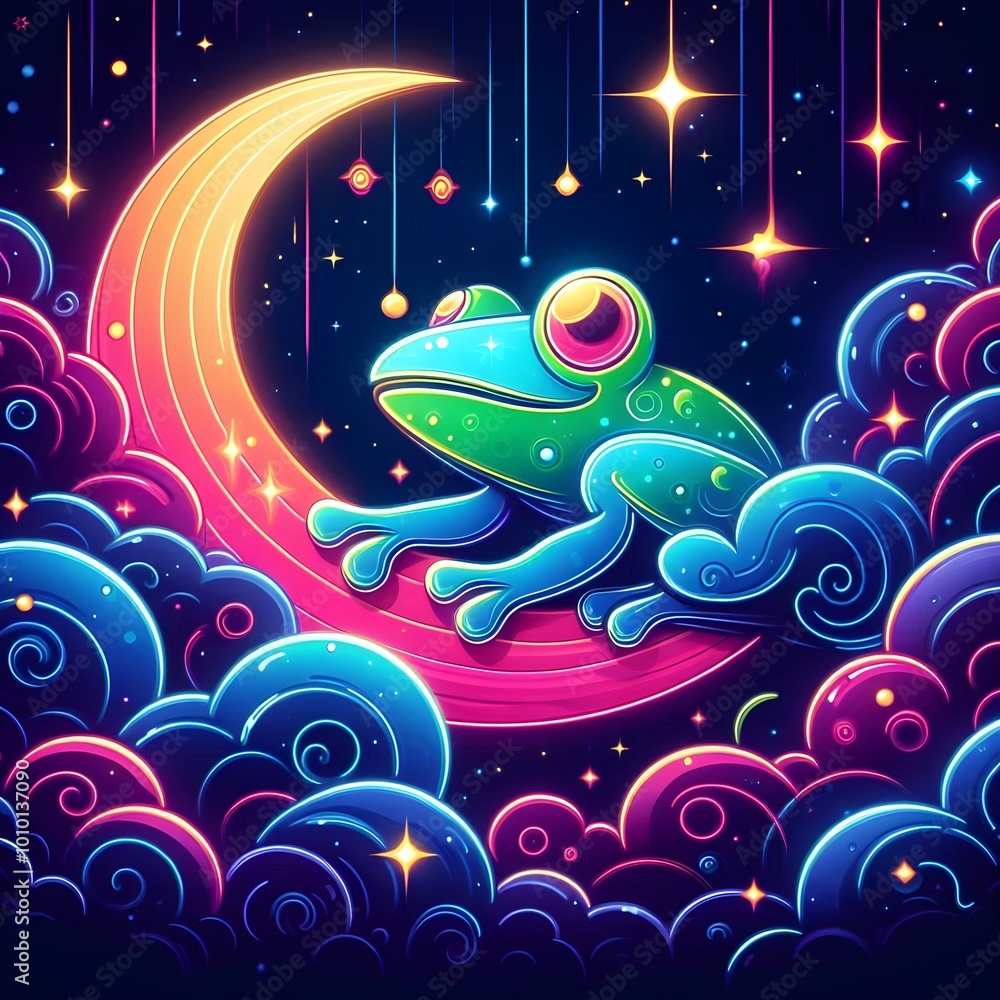 Fototapeta premium background with glowing colorful neon frog shapes and stars and moon in the night sky