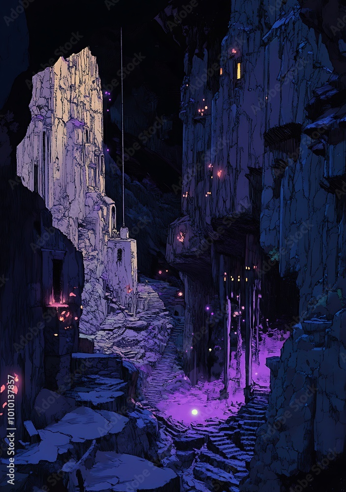Fantasy Cityscape with Purple Glow and Crystal Towers in a Dark Night Fantasy Cityscape with Purple Glow and Crystal Towers in a Dark Night