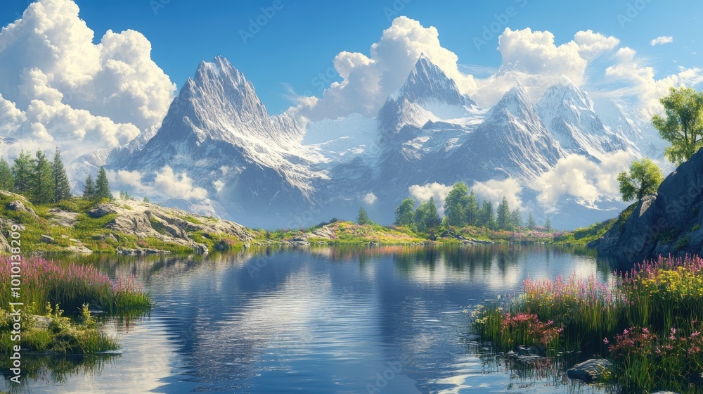 Fototapeta premium Scenic Mountain Landscape with Tranquil Lake Reflection