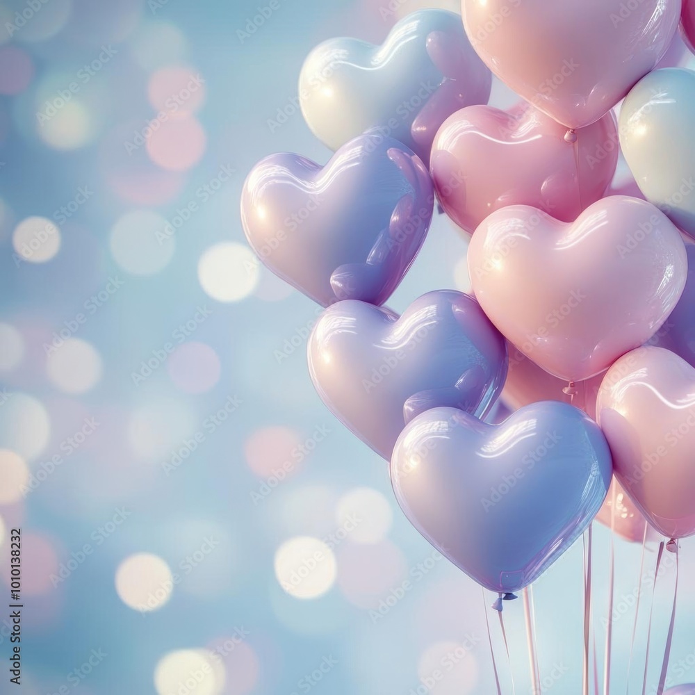 Cute pastel balloons in the shape of hearts floating with a softly blurred background, leaving space for text Cute pastel balloons in the shape of hearts floating with a softly blurred background, leaving space for text