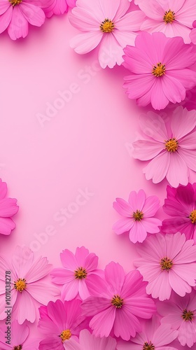 Pink Cosmos Flower Border on Pastel Background  Floral Frame  Spring Flowers  Romantic  We