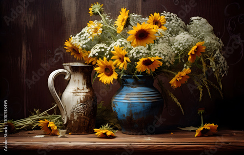 Colorful flowers in an old flower vase sit on the table.