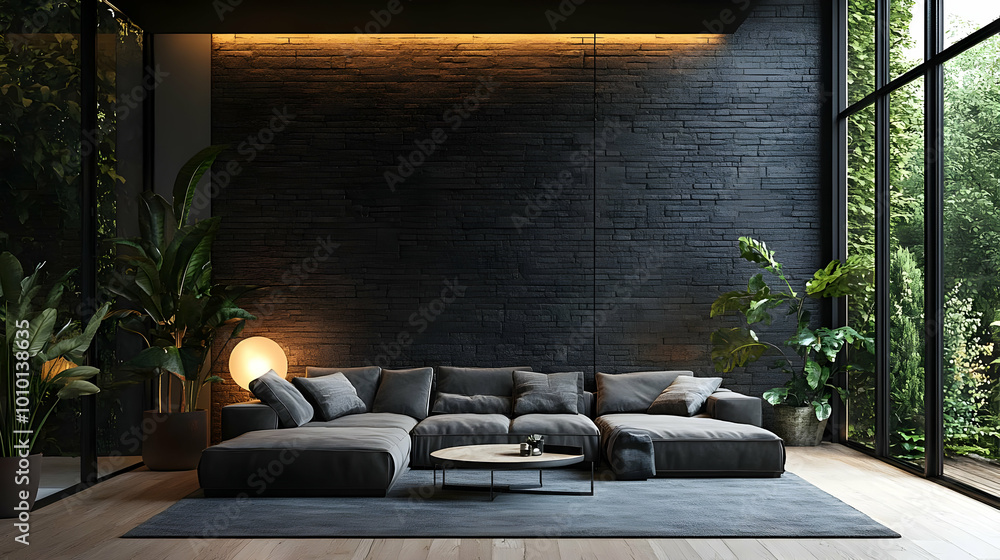 Modern Living Room with Black Brick Wall and Green Plants 3D Illustration Modern Living Room with Black Brick Wall and Green Plants 3D Illustration