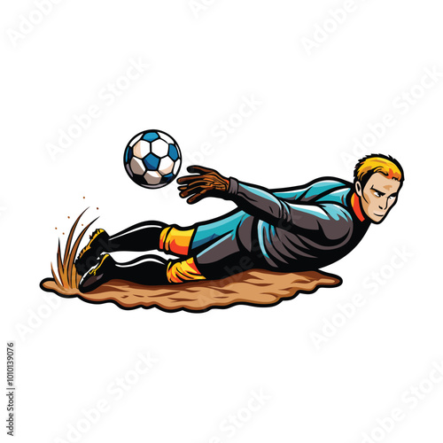 A soccer player dives to save the ball on a sandy field.