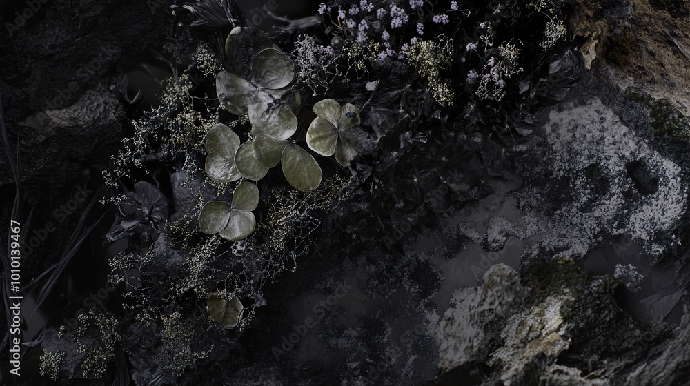 Dark Floral Texture: Close-Up of Green Leaves and Black Background Dark Floral Texture: Close-Up of Green Leaves and Black Background