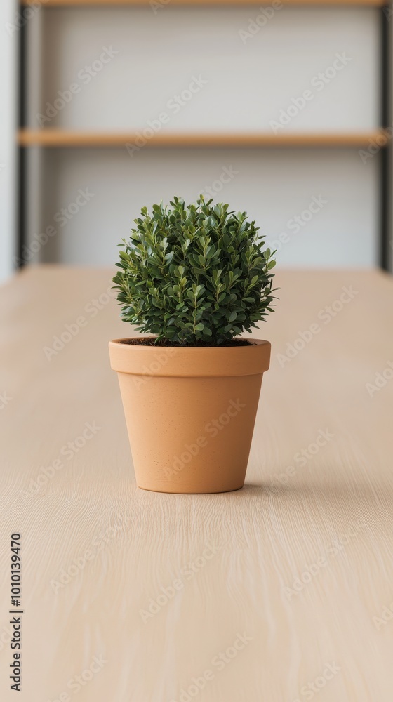 Fototapeta premium Small Potted Plant on Wooden Table in Minimalist Office Setting