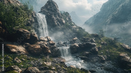 Serene Mountain Landscape with Waterfalls and Mist
