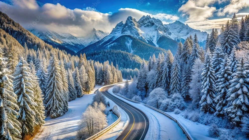 Snow-clad mountains frame a tranquil road winding through a German forest, where nature's white canvas contrasts with vibrant greenery, creating a picturesque winter scene. Snow-clad mountains frame a tranquil road winding through a German forest, where nature's white canvas contrasts with vibrant greenery, creating a picturesque winter scene.