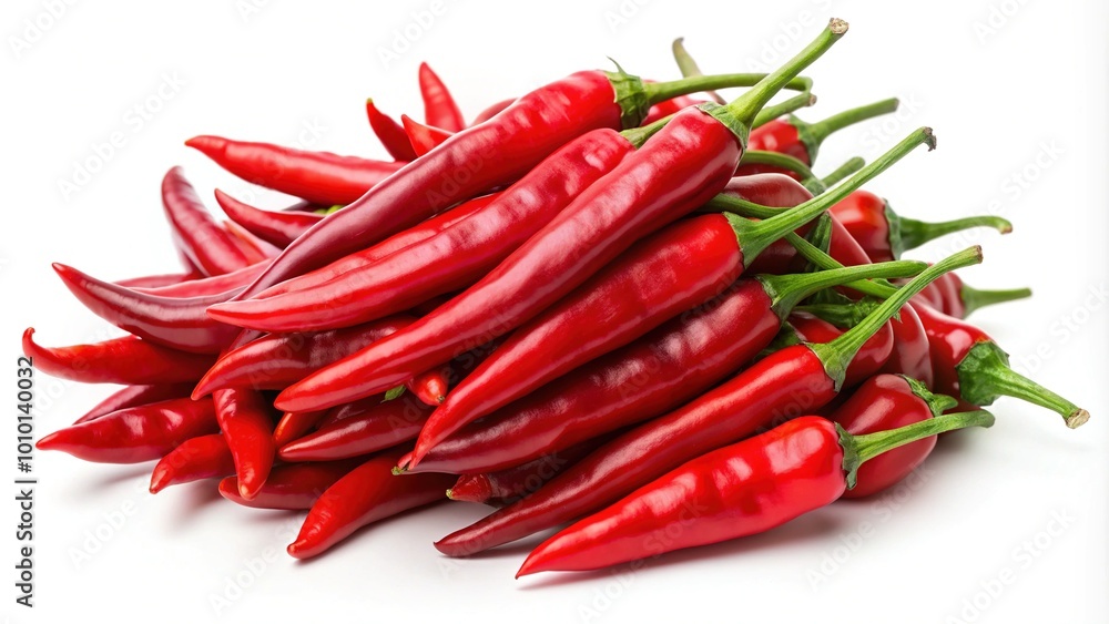Vibrant red chili peppers, fresh and long, gathered in a bunch, isolated on a clean white background, exuding heat and flavor, ready for culinary use. Vibrant red chili peppers, fresh and long, gathered in a bunch, isolated on a clean white background, exuding heat and flavor, ready for culinary use.