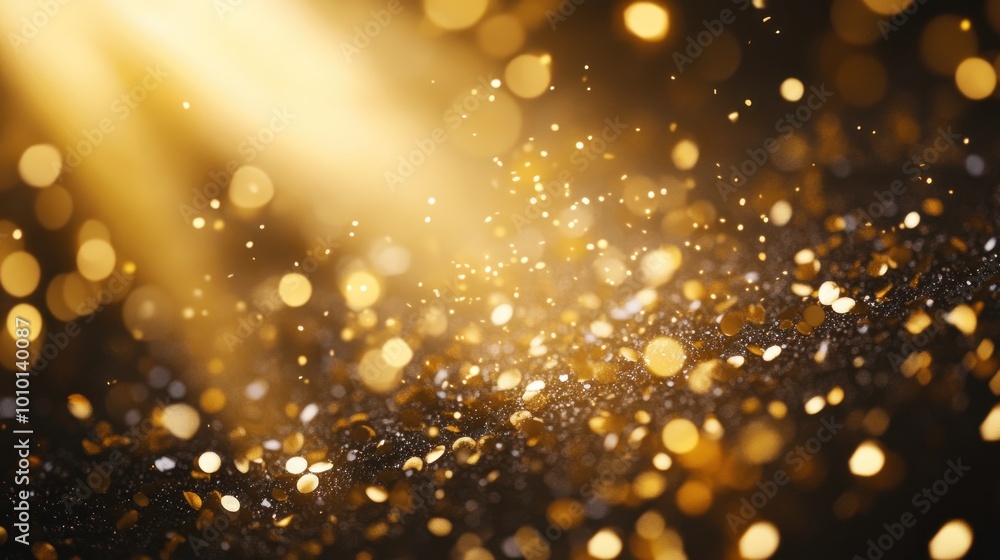 A shimmering background of golden particles with light rays, ideal for festive designs. A shimmering background of golden particles with light rays, ideal for festive designs.