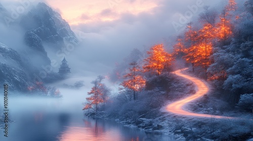 Serene winter landscape with glowing trees and misty mountains.