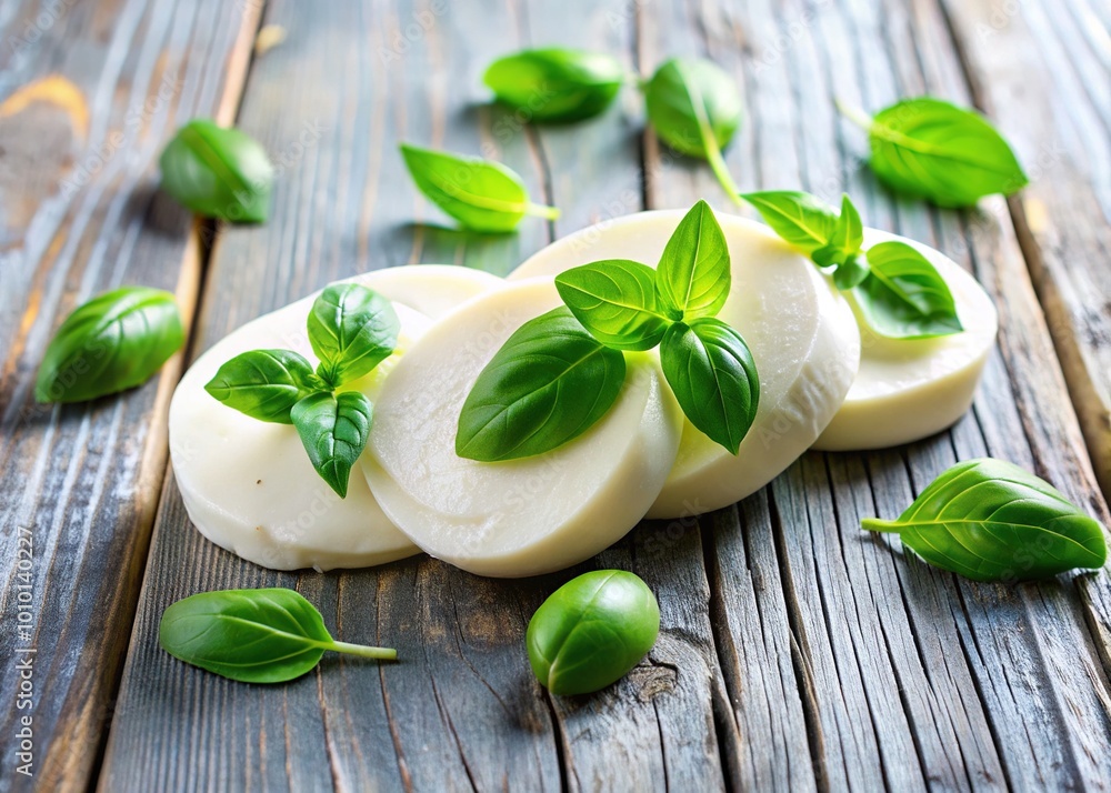 Fresh mozzarella slices, adorned with vibrant green basil leaves, arranged artfully on a rustic white wooden table, evoking a sense of Italian culinary simplicity. Fresh mozzarella slices, adorned with vibrant green basil leaves, arranged artfully on a rustic white wooden table, evoking a sense of Italian culinary simplicity.