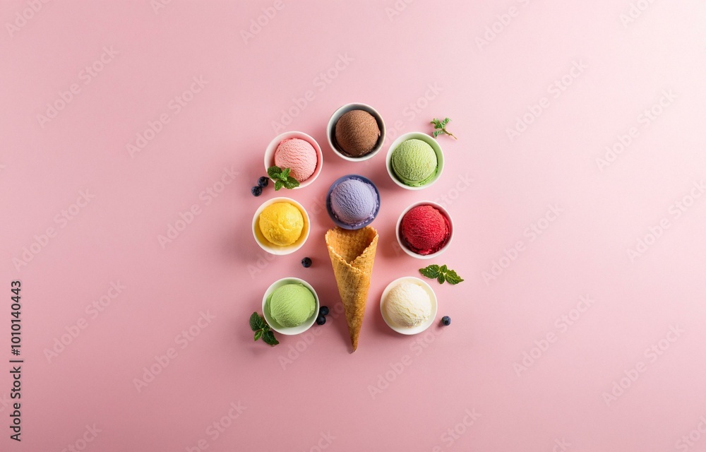 Assortment of ice cream scoops in bowls and a cone on a pink background. Assortment of ice cream scoops in bowls and a cone on a pink background.