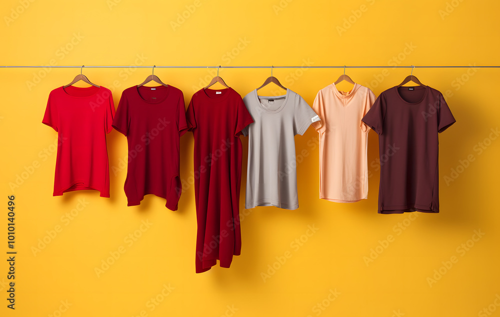 Brightly colored clothes hang on a clothes rack. Brightly colored clothes hang on a clothes rack.