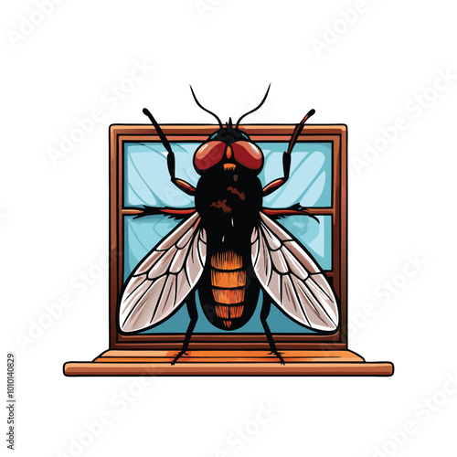 A realistic housefly perched on a windowsill with a blue window pane behind it.