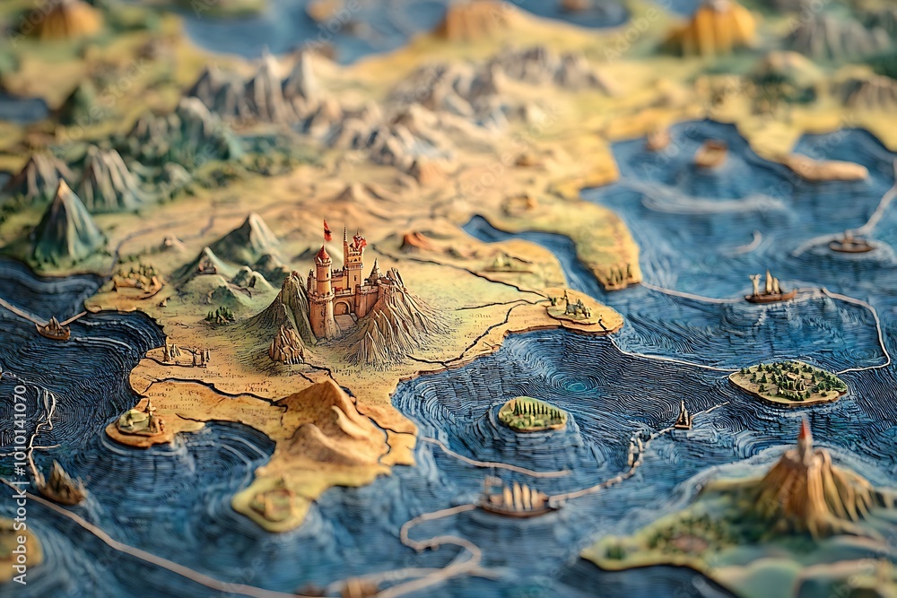 Fantasy map with castle, mountains, sea, and islands. 3D, detailed, and textured. Fantasy map with castle, mountains, sea, and islands. 3D, detailed, and textured.